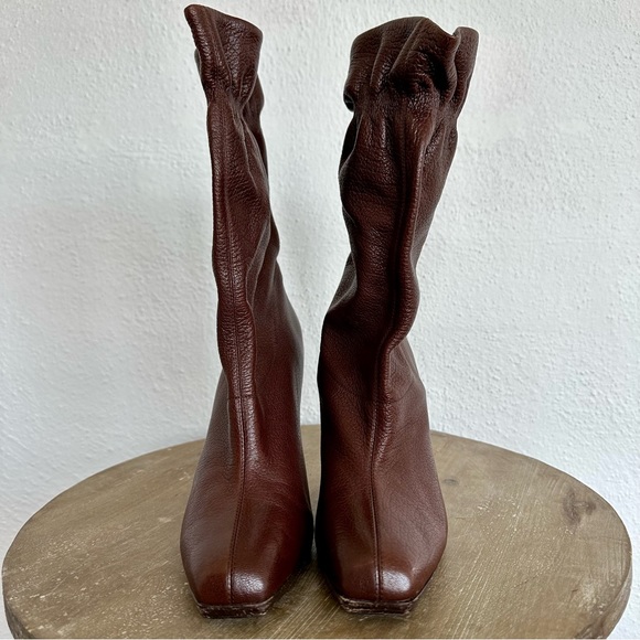 Cole Haan Nike Air GALI Brown Leather Boots Mid Calf Ruffle Top Size 8 - Picture 11 of 14